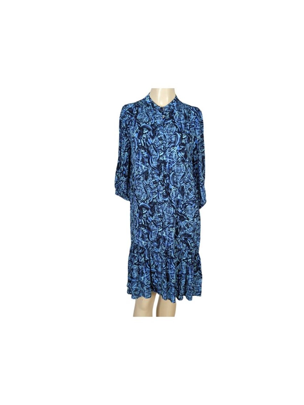 Tyler Boe blue black 3/4" sleeve ruffled hem shirt dress size 2